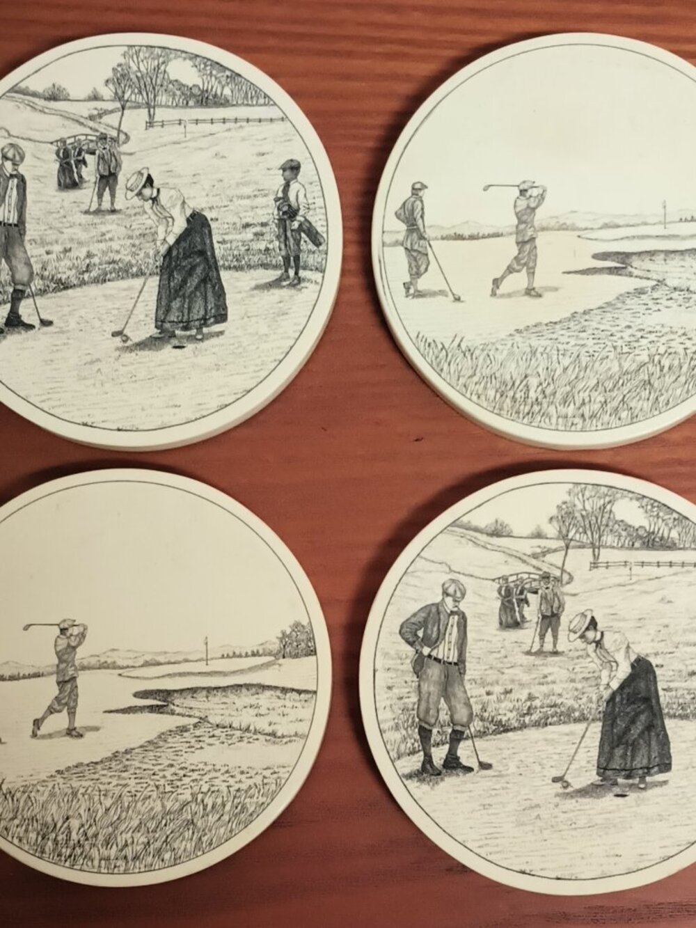Vintage Barlowe Golf Coasters Set of 4 Made in USA Etched Golf Scene Faux Scrims